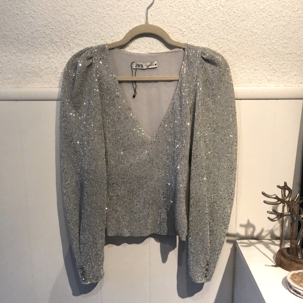 Zara silver sequin top with puffed sleeves. Used twice.
